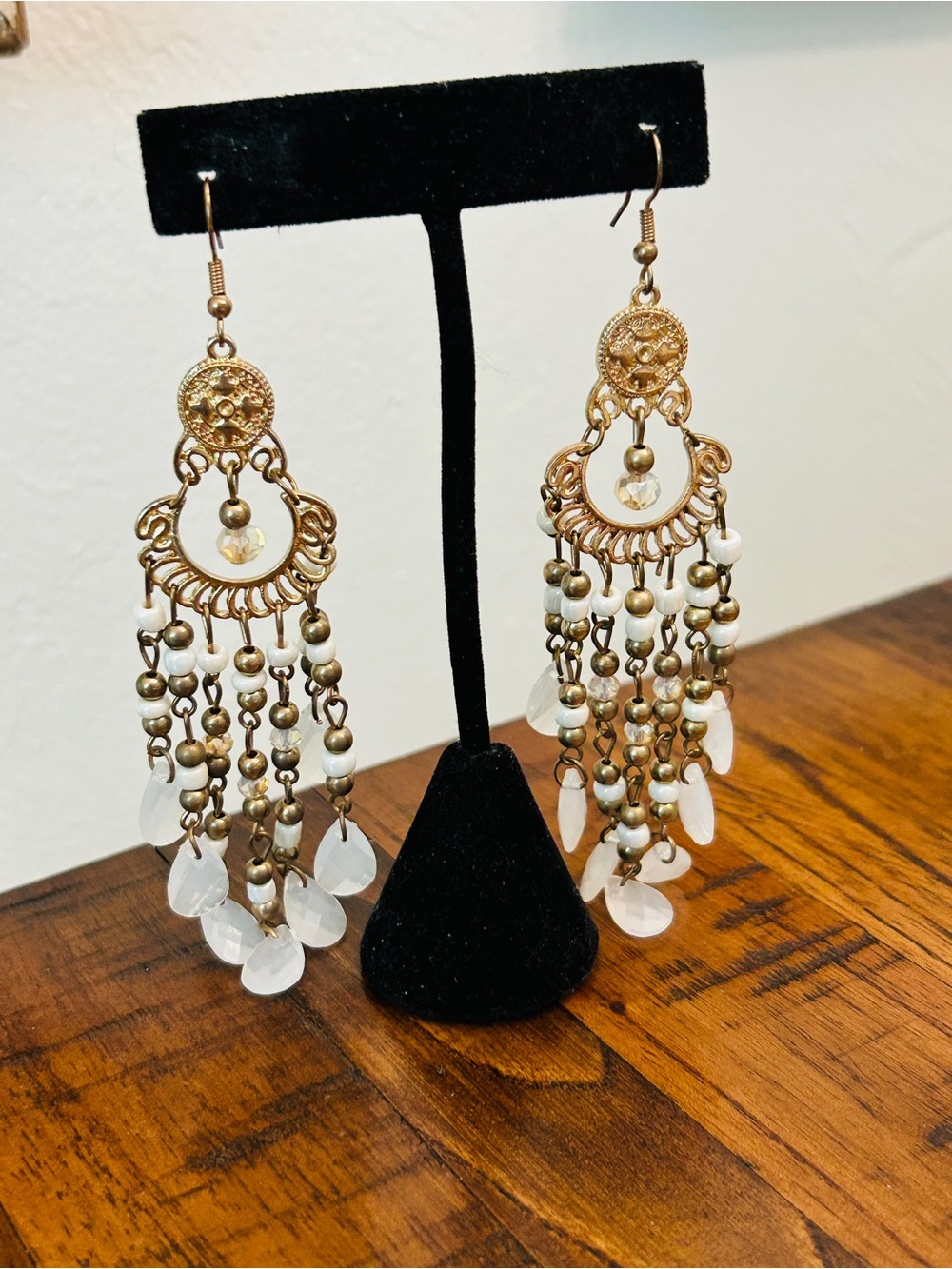 Vintage-Inspired Gold and White Chandelier Earrings